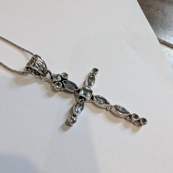 Brand New Silver Blue Topaz Cross Necklace For Sale - Picture 3 of 5